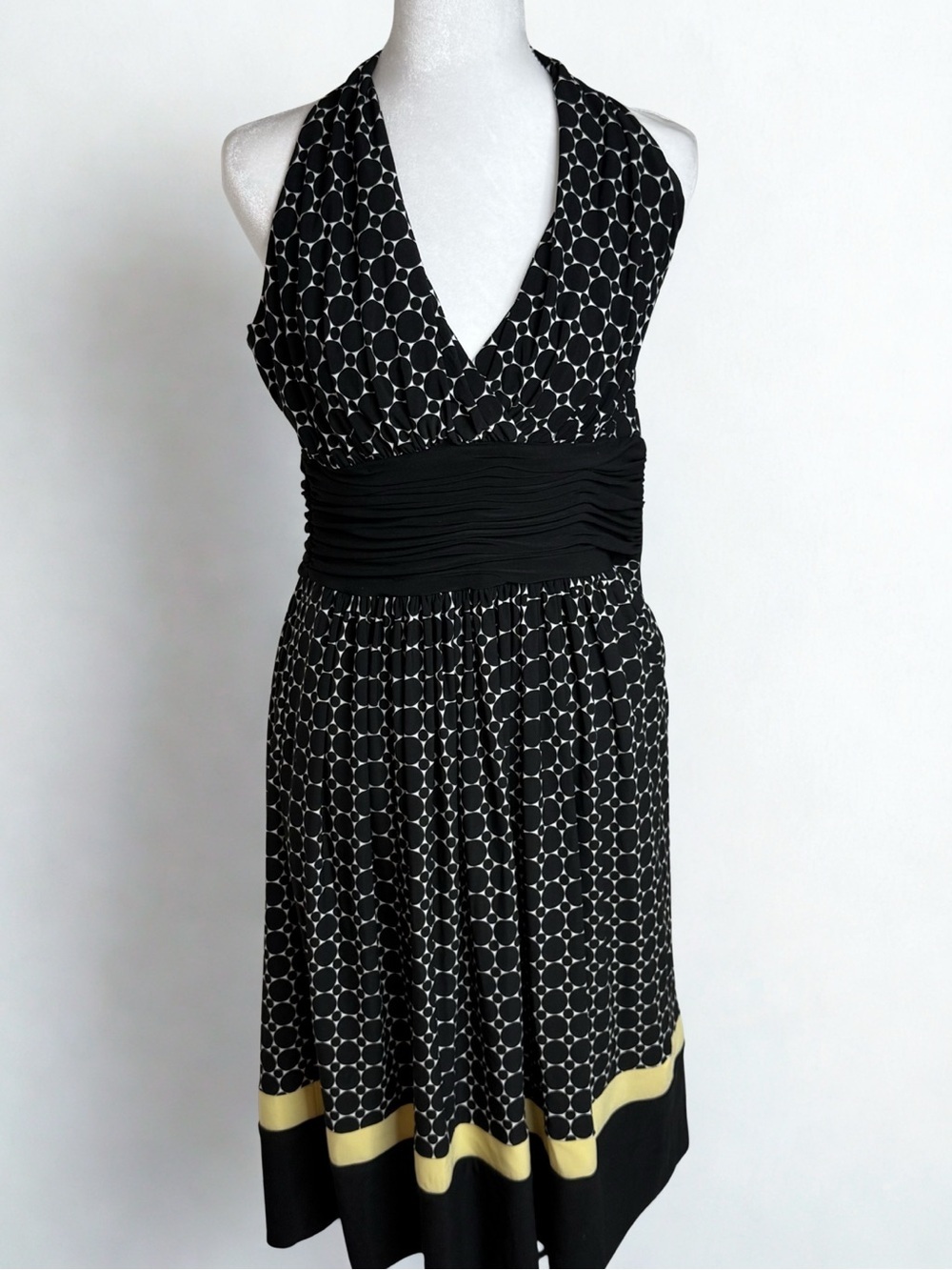 Evan Picone Black and White Halter Polka Dot Dress with Yellow Hem